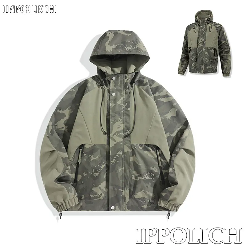 Men Running Jacket Camouflage Tactical Hooded Zip Jacket Patchwork Windproof Breathable Mountaineering Fishing Hooded Jacket