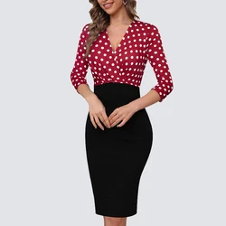 Women Business Elegant Low Cut 3/4 Sleeve Polka Dots Lady Sheath Office Pencil Dress HB727