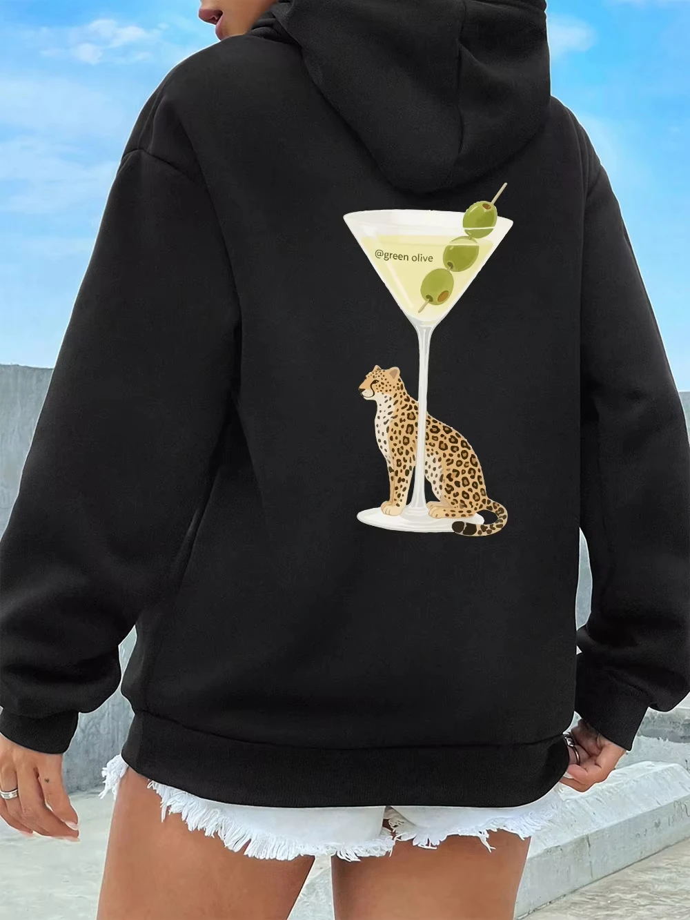 

Green Olive and A Leopard Prints Hoodies Women Pocket Loose Sweatshirts Basics Sporty Pullovers Winter Fleece Warm Woman Clothes