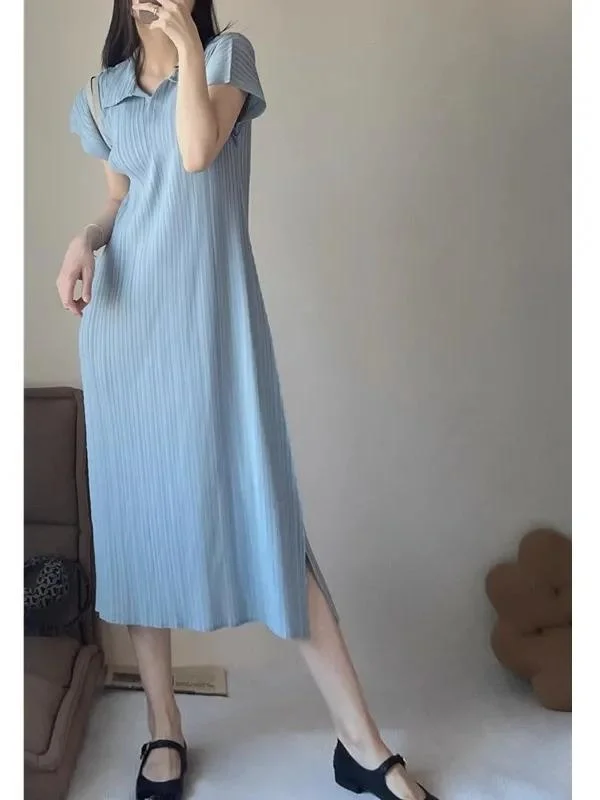 Elegant Pleated  Neck Dress Women Summer plus Size Loose Slimming Simple Elegance Midi Skirt Polyester Fiber High Waist