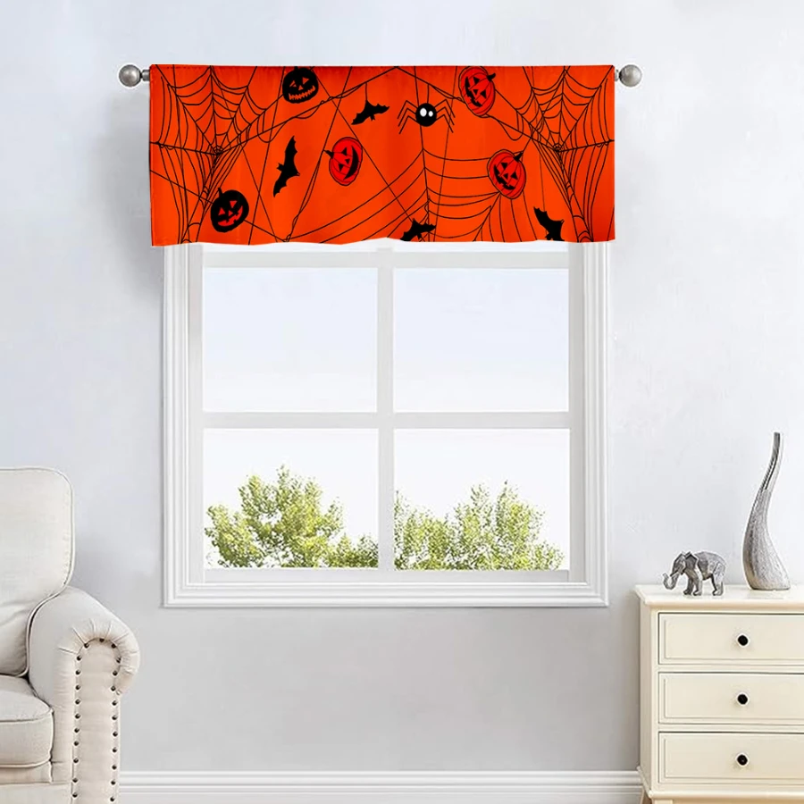 Orange Spider Web Halloween Kitchen Curtains with Pumpkin Bat Spider, Minimalist Spooky Scary Style for Halloween Home