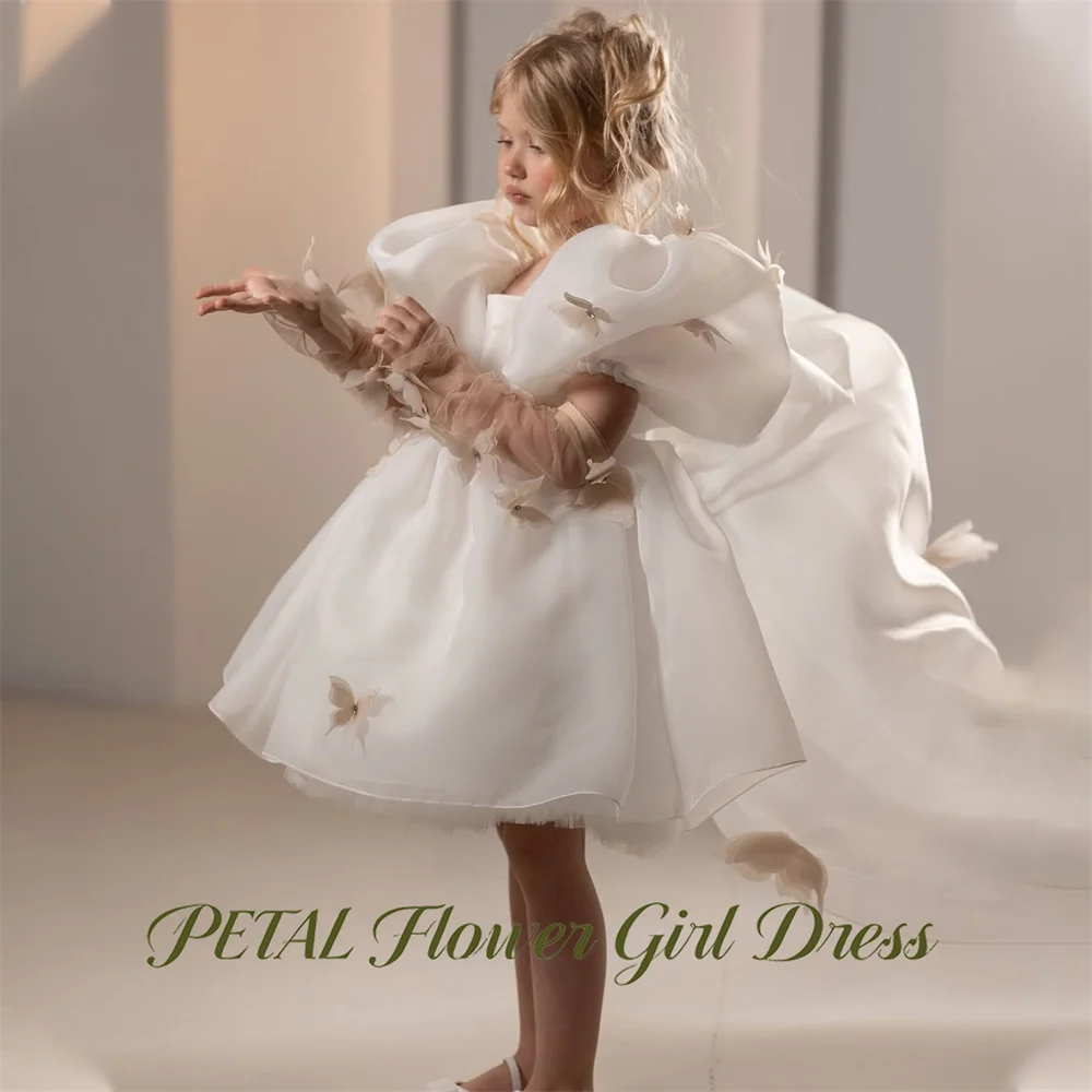 Petal 3D Butterfly with Crystal Flower Girl Dress A Line Baby Kids Birthday Dress Off White Pageant Dress for Girl Customized