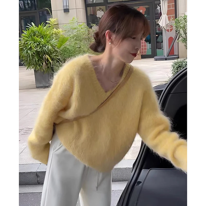 Lazy Style Yellow Soft Mohair Knitted Loose Sweaters Tops New Fall Winter Women Long Sleeve V Neck Thick Warm Oversize Pullovers