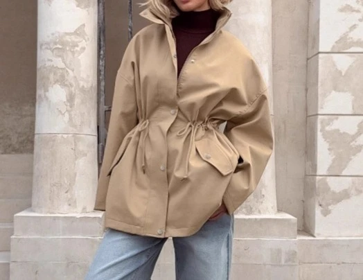 

Retro Drawstring Trench Coat for Women in Autumn and Winter 2025 Fashionable Khaki Waist Cinched Mid Length Coat Jacket