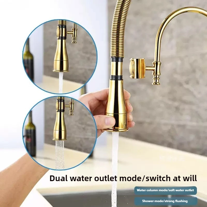 Kitchen Faucet Pull out 360 Degree Multi-function spring pull sink kitchen sink golden Hot and Cold Water Faucet