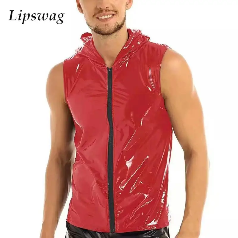 Slim Fit Leather Tank Tops Men Party Fashion Solid Color Zipper Hooded Leather Vest For Mens Spring Summer Sexy Leather Camisole