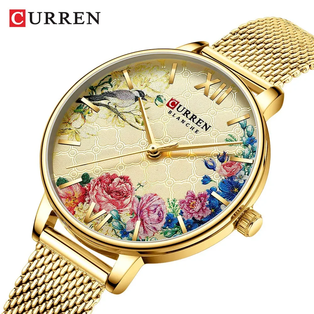 CURREN Women Watch Top Brand Luxury Black Female Waterproof Clock Mesh Stainless Steel Bracelet Flower Ladies Wristwatch 9059