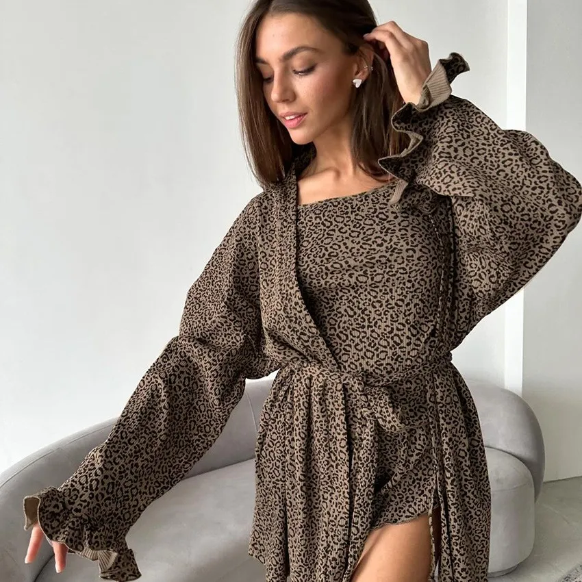 Summer Women's Clothing Print Pajamas Long Sleeve Ruffle Trim Short Pants Sleepwear Knit Thin Lightweight Set