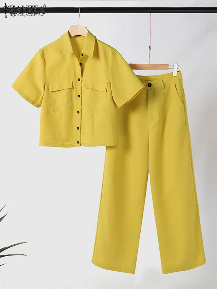 ZANZEA Summer 2PCS Casual Work Pants Sets Tracksuit Solid Women Lapel Neck Short Sleeve Shirt Wide Leg Trousers Suits Outifits