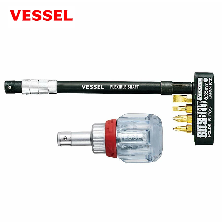 

VESSEL Ratchet Stubby Screwdriver Set with Flexible Shaft Bit Holder 1/4" Hex Phillips Slotted NO.TD-6700FX-4 / TD-6700W-23