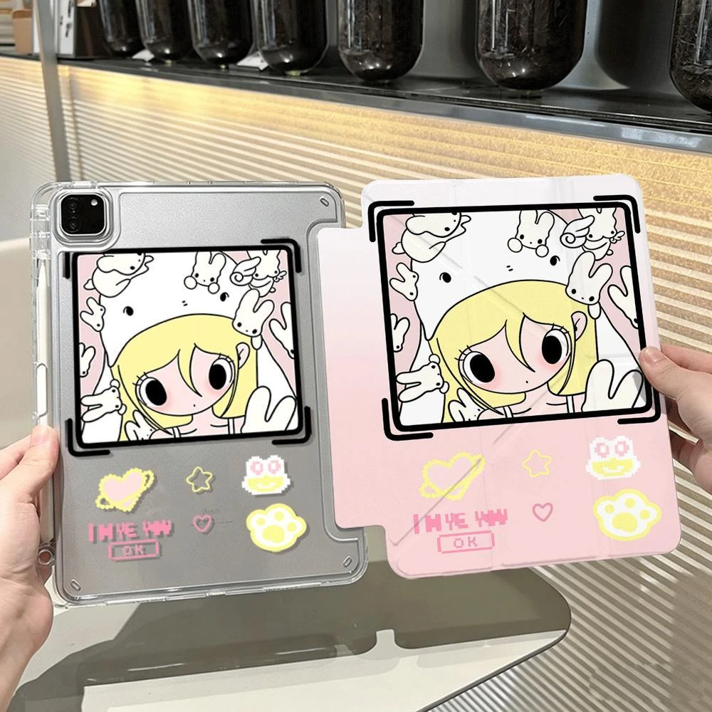Cute Rabbit Girl Pink Tablet Case For iPad Pro 11 12.9 13 A16 M2 M4 M3 M5 Shell 9.7 10.2 5/6/7/8/9/10/11th Mini Air 3 4 5 Cover