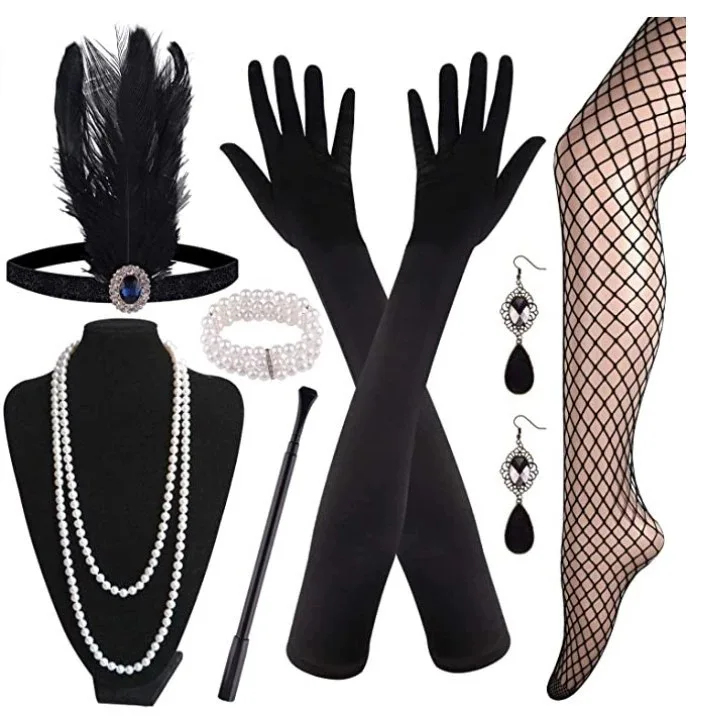 Gatsby 1920s Women Singles Party Retro Feather Hairband Set Headwear Necklace Gloves Flapper Costume Accessories