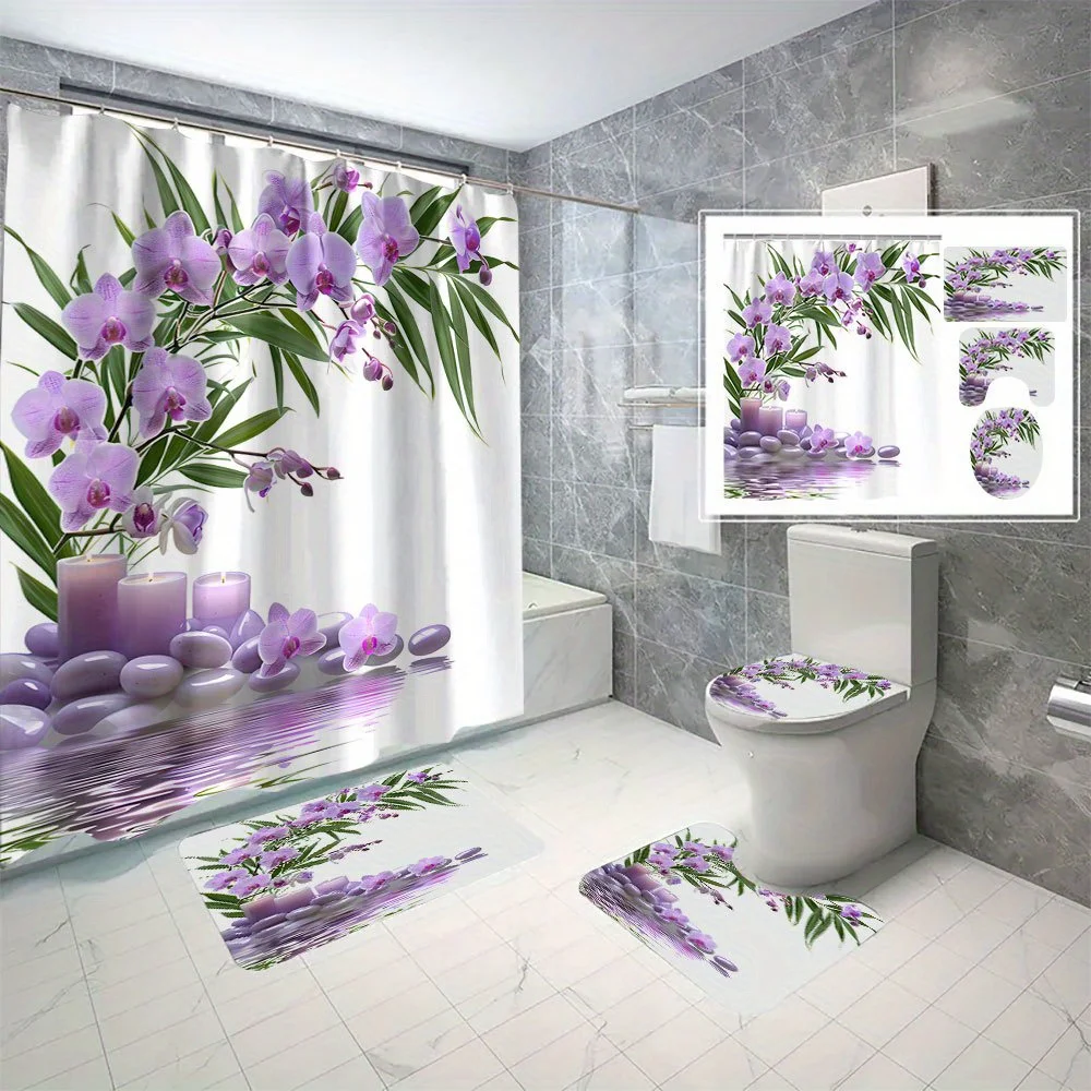 

4pcs Woven Polyester Bathroom Set with Orchid Print - Water-Resistant Fashion Curtain with Hooks, Machine Washable, All-Season B