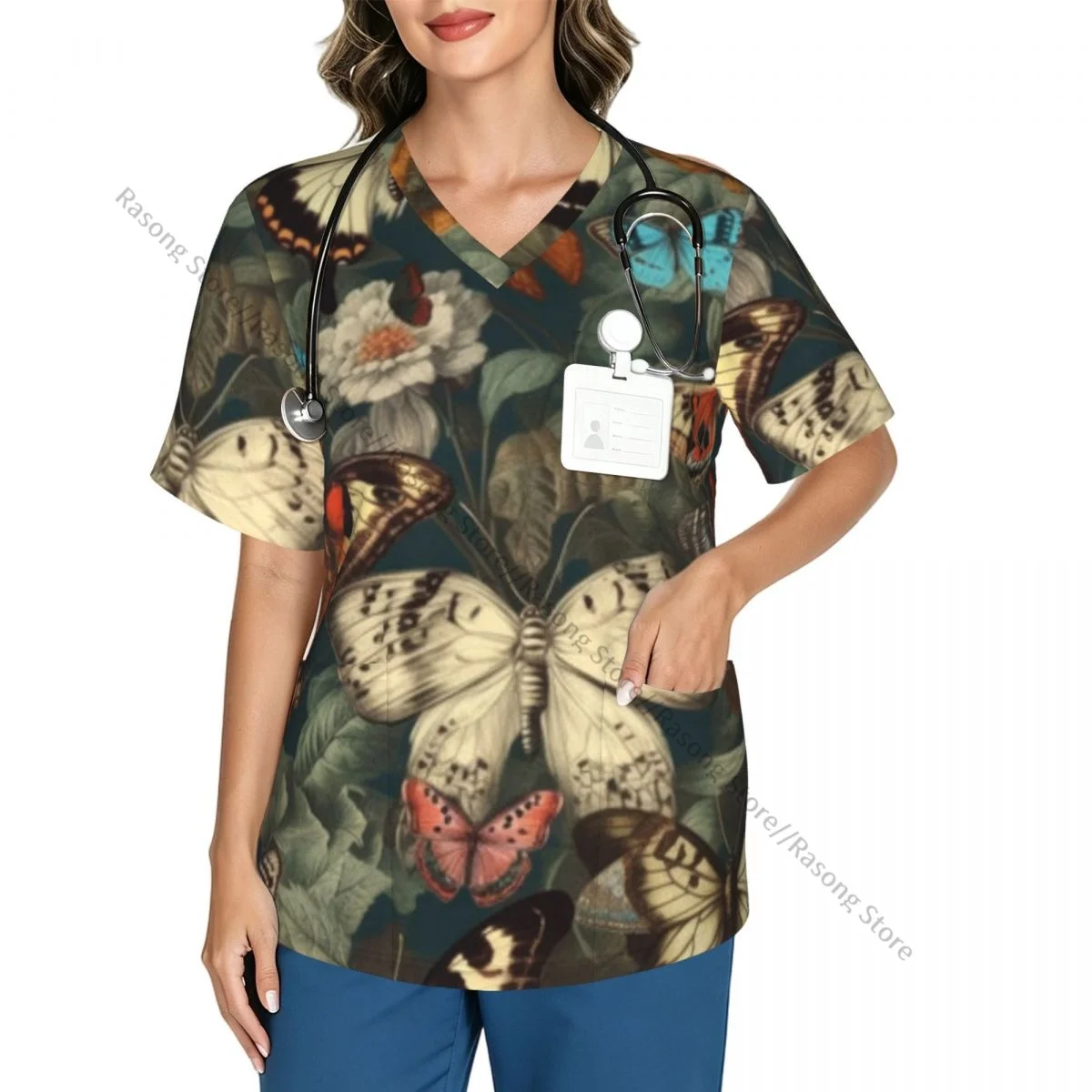 Women Scrubs Blouse Medical Nurse V-neck Clinical Scrubs Top Butterflies Flowers Illustration Operating Room Work T-shirt