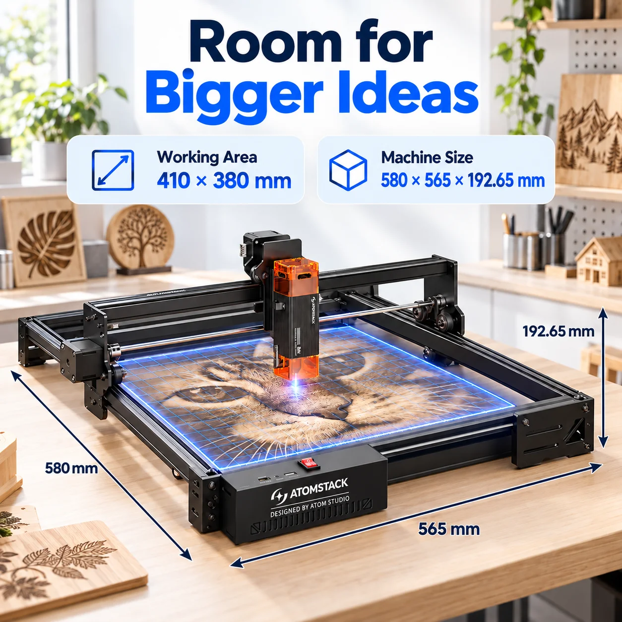 ATOMSTACK A5 PRO V2, máquina de grabado y corte láser de 5 W, área de trabajo de 410 x 380 mm, precisión de 0,01 mm, máquina CNC con asistencia de aire, software LightBurn y LaserGRBL, conexión USB, ideal para madera, acrílico, cuero y proyectos de bricolaje en el hogar.