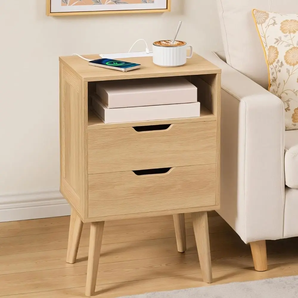 

Modern Nightstand with Charging Dock, 2-Drawer Storage Table, Open Shelving, Solid Wood Nightstand for Bedroom and Compact Space
