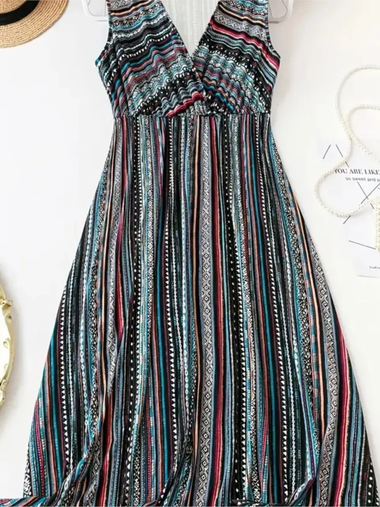여성 여름 새로운 긴 드레스 유행 페인트 스트라이프 인쇄 섹시한 v 넥 민소매 캐주얼 루즈 롱 드레스
