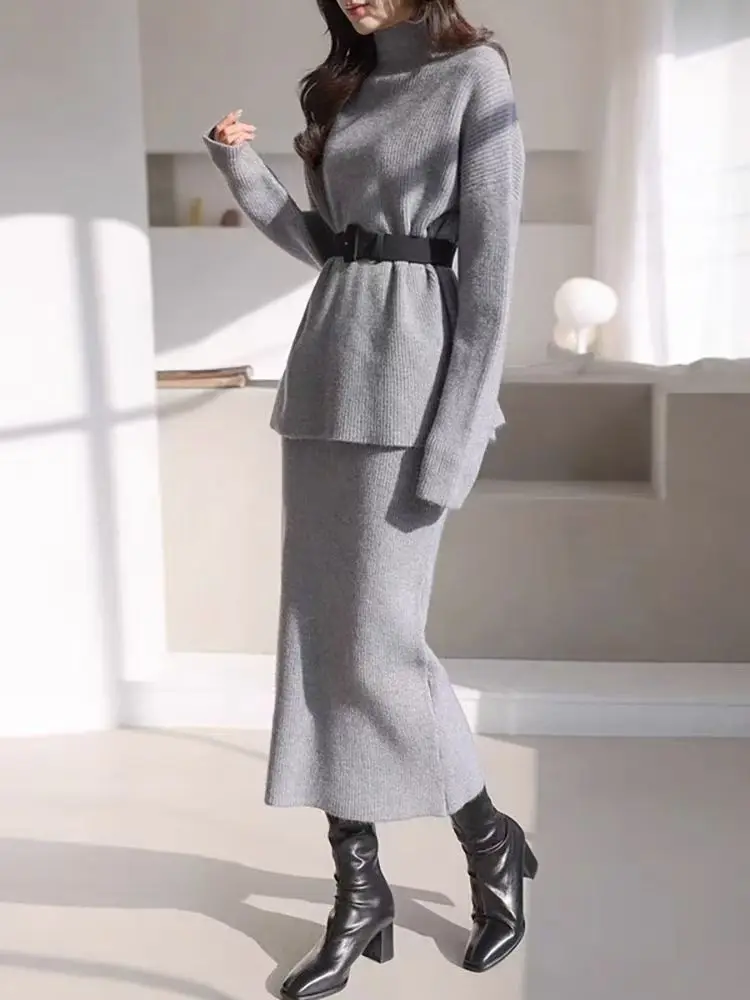 

Casual Knitted Suit Turtleneck Knit Pullover Sweater Top Mid-length Straight Skirt Suits Autumn Women's 2 Pcs Set Female Clothes