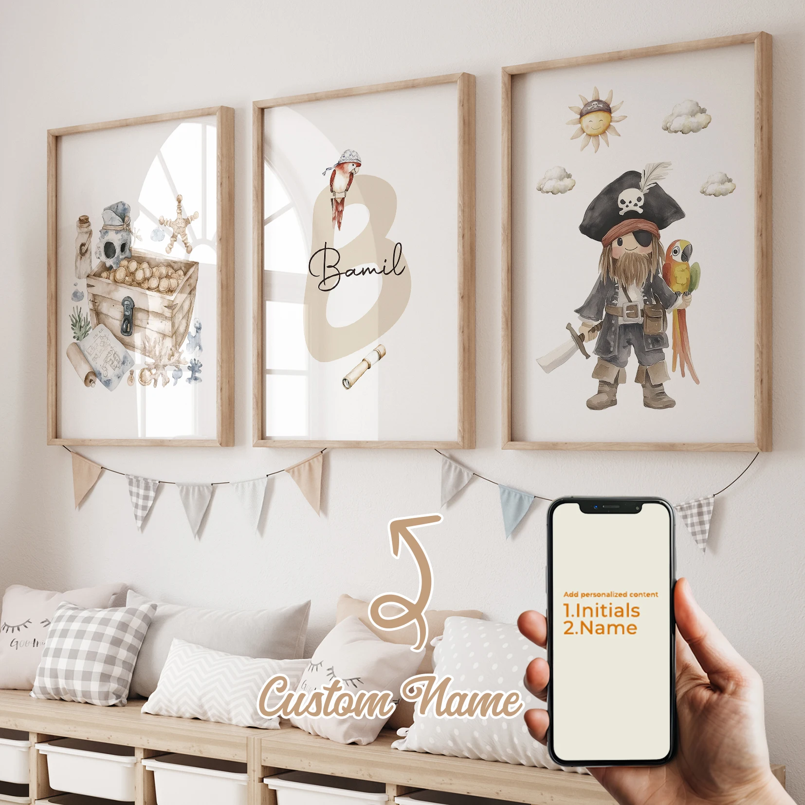 

3pcs Personalized Name Custom Pirate Captain Parrot Treasure Blueprint Wall Art Print Picture Living Room Kids Room Home Decor
