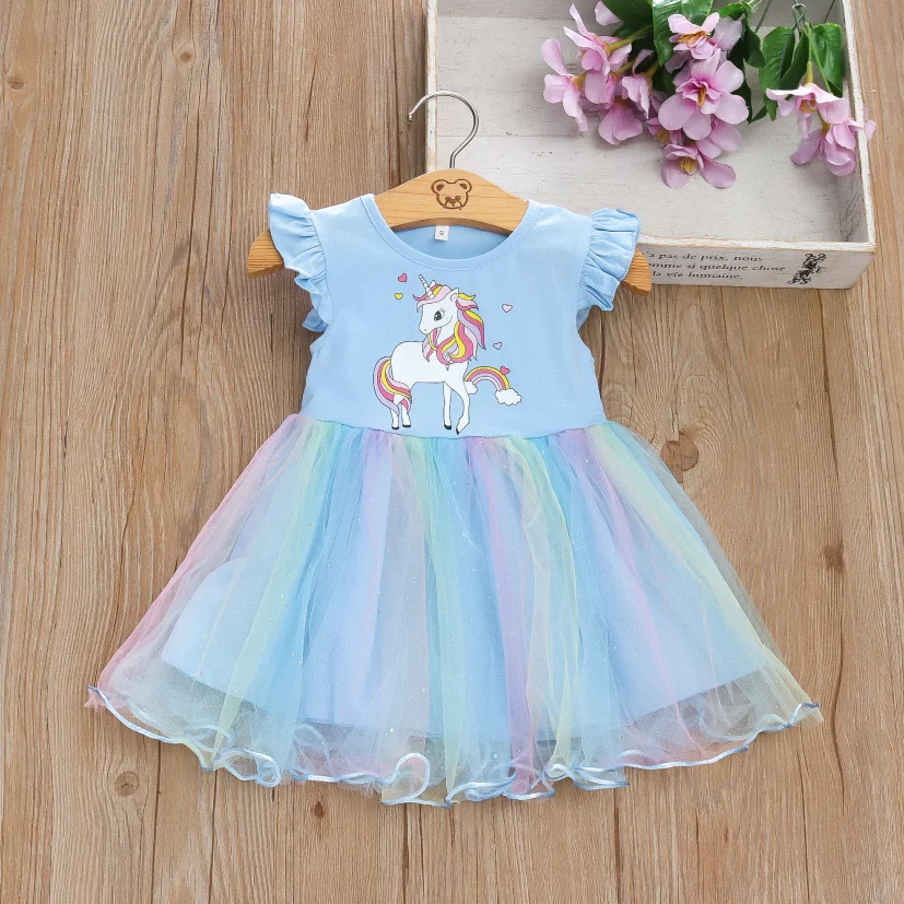 Summer Girls\' Sweet And Cute Flying Sleeved Foal Dress Cartoon Unicorn Dress Suitable For 0-3 Years Old