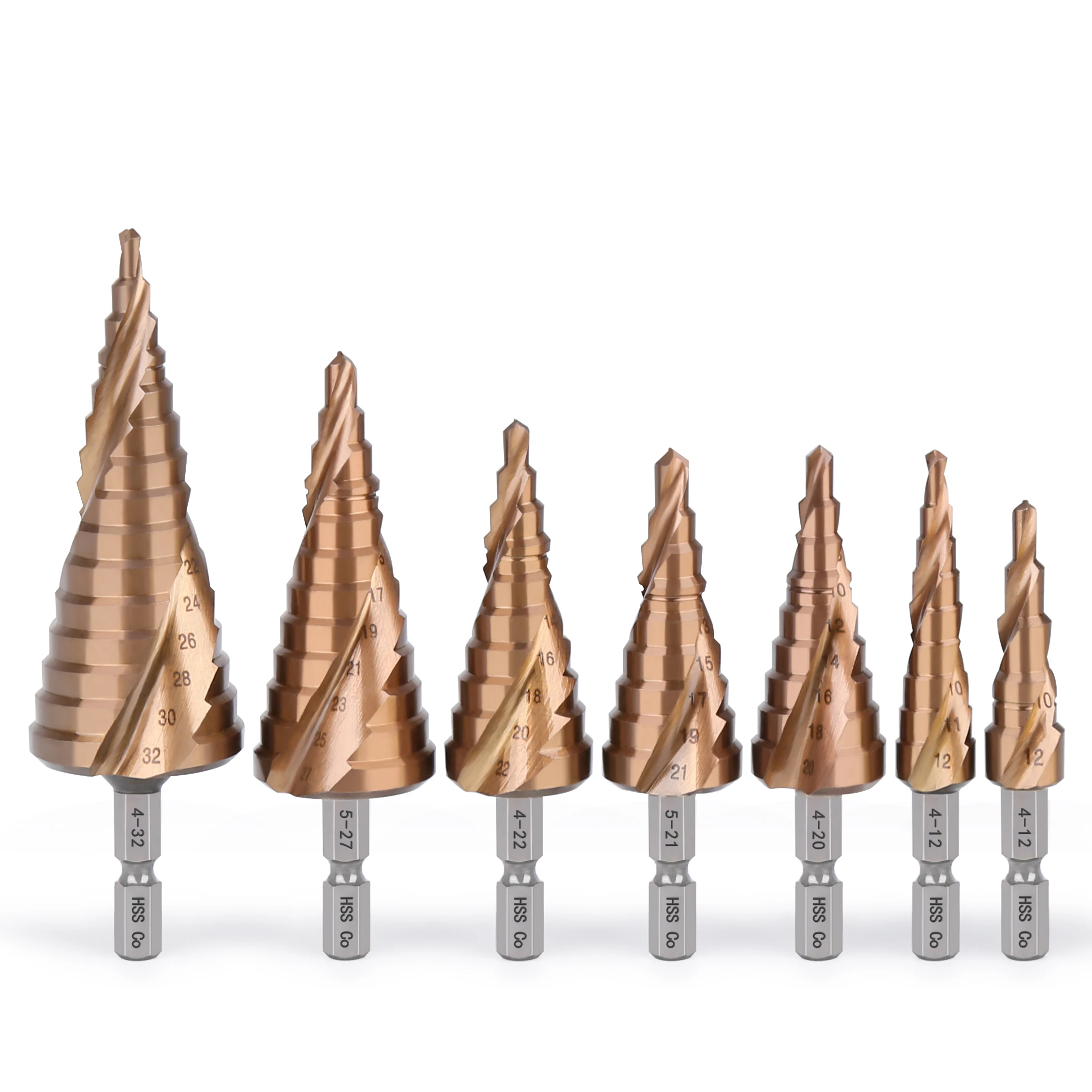 

1PC 4-12/4-22/4-32/5-21/5-27mm M35 Cobalt Step Drill Bit 6.35mm Hex Shank HSS-Co Cone Spiral Groove Metal Drill Tool Hole Cutter