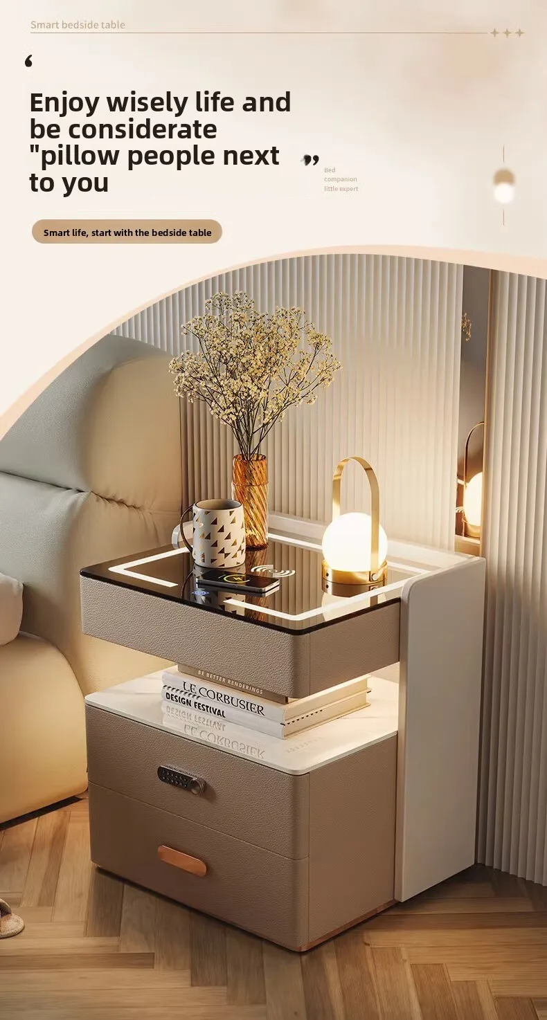 طاولة بجانب السرير ذكية فاخرة وحديثة مصنوعة من الخشب، باللونين الأبيض والأسود، وإضاءة LED حساسة للمس، ومكبر صوت بقفل بصمة الإصبع #4