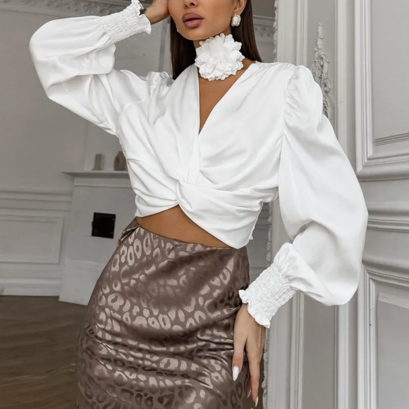 

Fashion Satin Shirt Women White Casual Fold V-neck Shor Crop Tops Long Sleeve Blouse 2025 New Summer Office Lady Loose Shirts