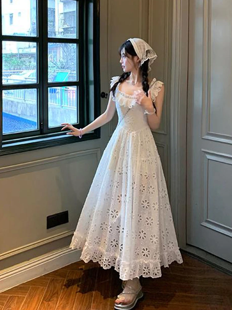 

XZY Ele Hollow out Hook Design Dr Women's Summer Long Fairy Skirt A-Line Polyester Fiber Casual Sle Square Collar