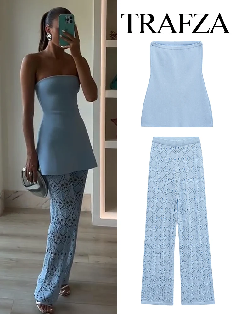 

TRAFZA Female Autumn New Fashion Vintage Solid Knitted Strapless Tube Top+Elegant Elastic Waist Hollow Out Wide Leg Pants Suit