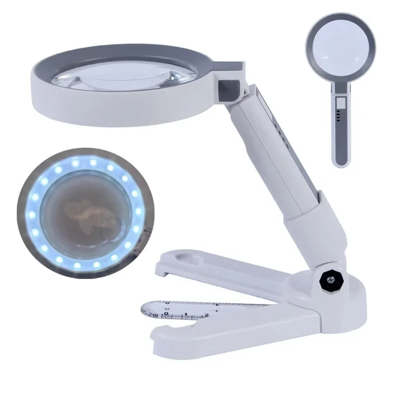 Rechargeable Folding Handheld Magnifier with 18 LED Light Foldable Desktop Magnifying Glass for Jewelry Appraisal Reading Repair