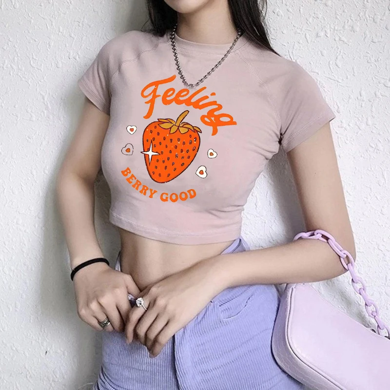 Crop Top for Women Short Sleeve T-Shirt Slim Y2k Streetwear Punk Vintage Graphic Tops Feeling Berry Good Harajuku Summer Fashion