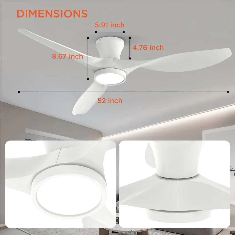 Ventilador de teto com luz controle remoto, moderno low-key, silencioso reversível DC Motor, adequado para quartos, 52 in