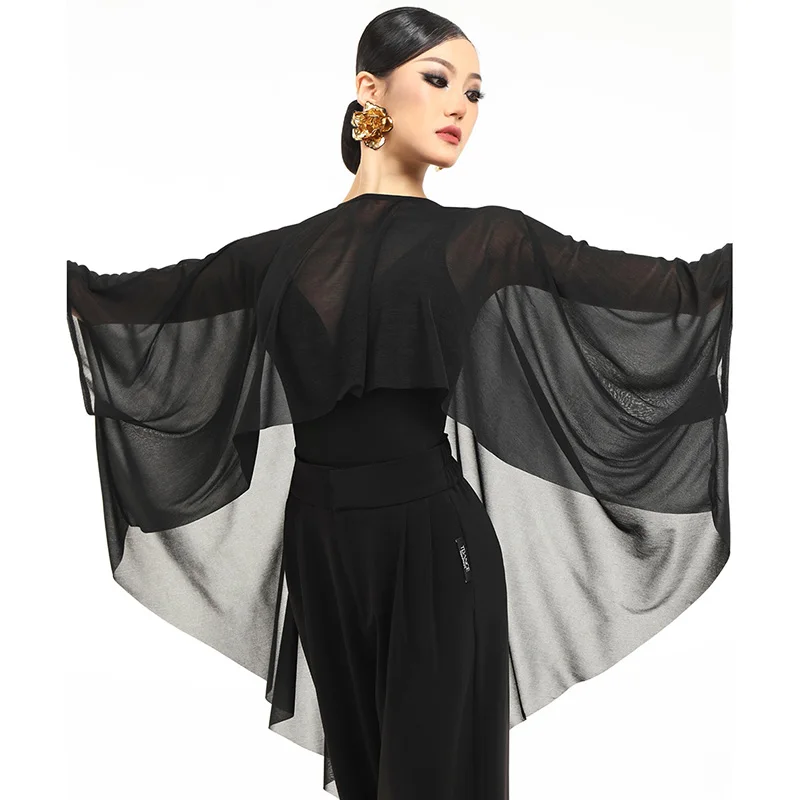 

New Ballroom Dance Clothes Black Mesh Smock Irregular Tops Women Latin Dance Practice Wear Waltz Social Dance Clothing DNV21836