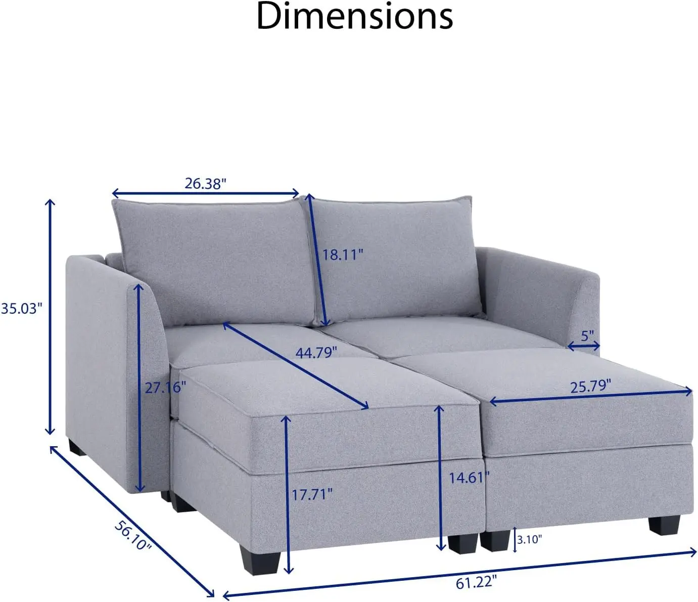 Modular Convertible Sectional Sofa with Reversible Chaise, Elizabeth L-Shaped Couch with Ottoman and Storage