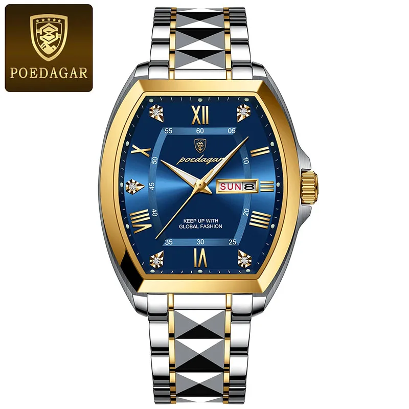 

New Tonneau Men Quartz Wristwatches Luxury Retro Roman Numerals Waterproof Watch Man Brand Stainless Steel Clock Luminous Male