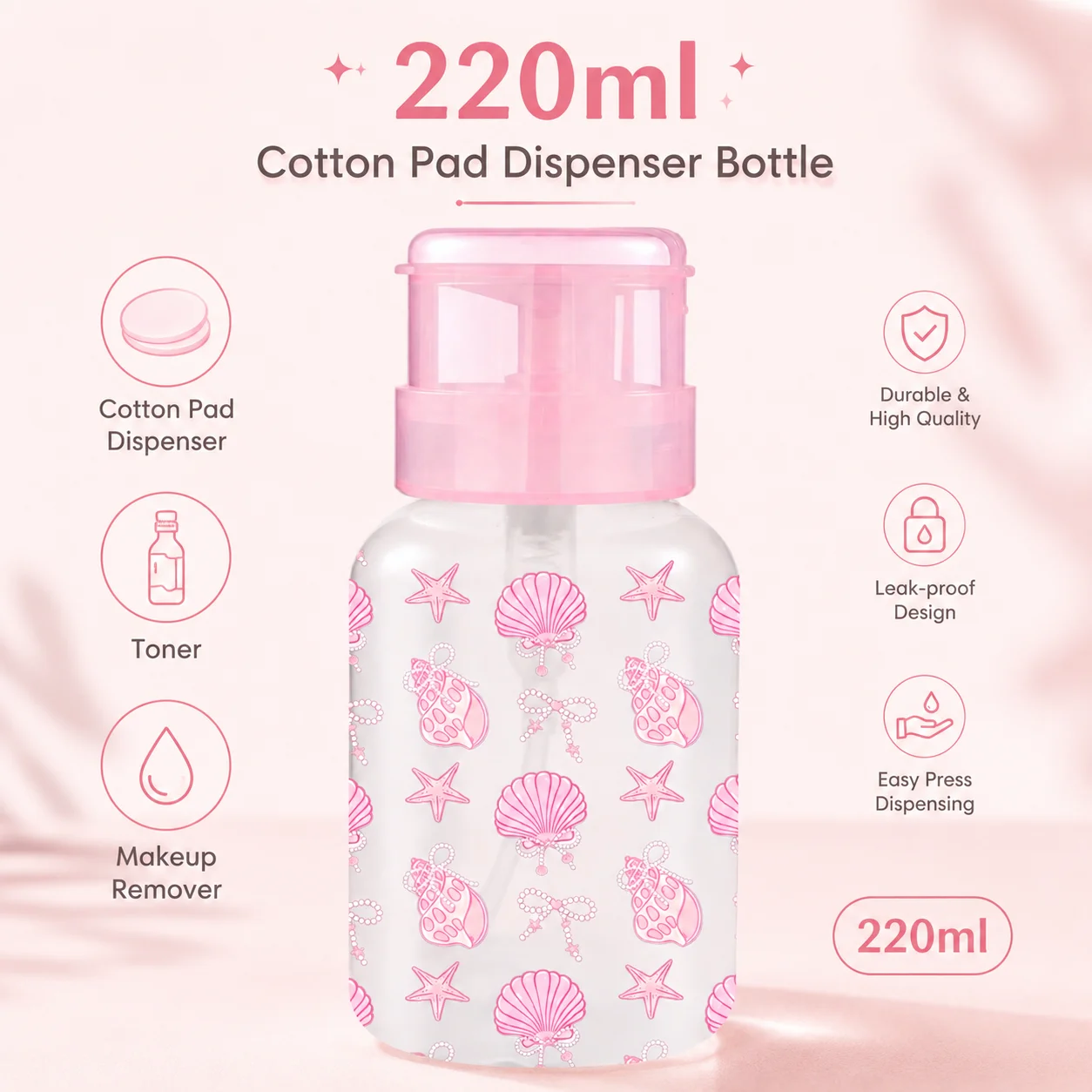 220ml Pink Shell Print Pump Dispenser Bottle Refillable Travel Container for Toner Makeup Remover Cotton Pads Nail Salon Women view 5