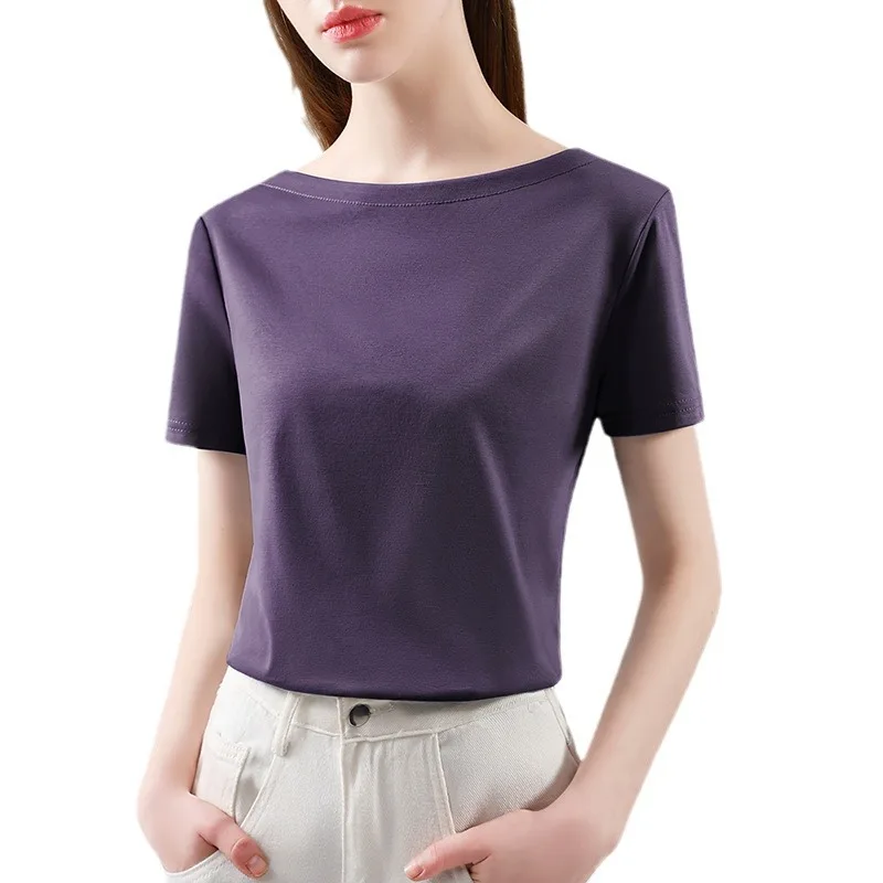 Boweylun-Camiseta de manga corta de algodón mercerizado para mujer, Tops transpirables de un hombro, respetuosos con la piel, Verano