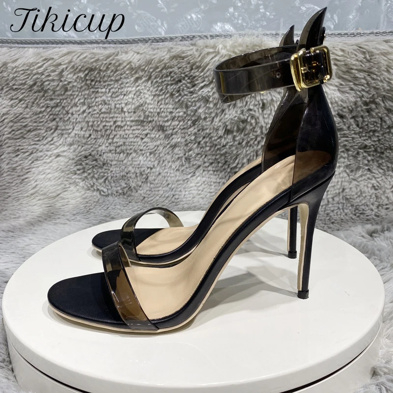 Tikicup cinturino alla caviglia da donna trasparente 10cm tacco alto sandali a spillo punta aperta pompe estive scarpe eleganti da festa taglie