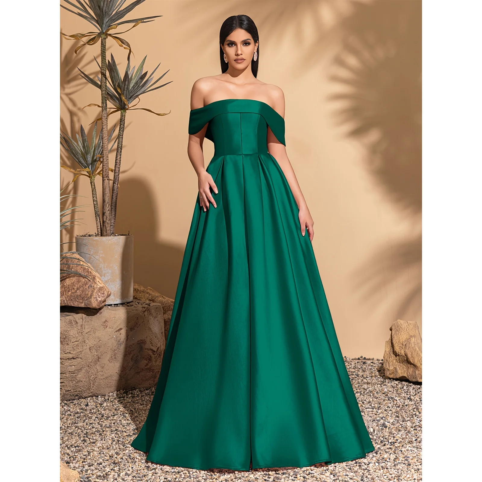 

Off-the-shoulder satin dress with back tie, elegant and chic dress