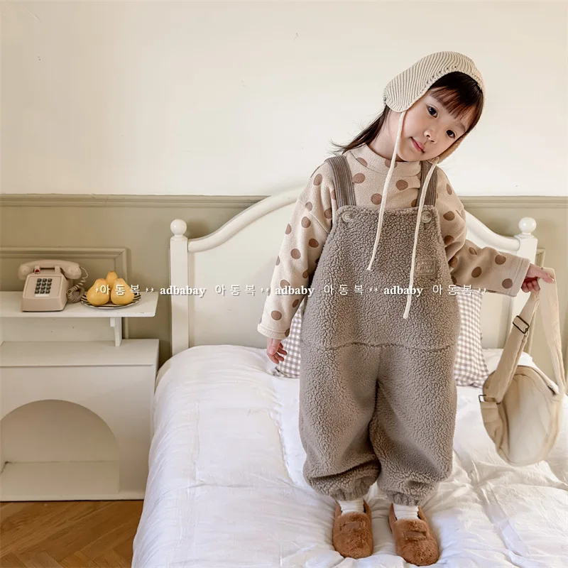 

2024 New Winter Children Warm Lamb Fleece Overalls Cotton Girls Warm Trousers Fashion Boys Strap Pants Kids Casual Clothes