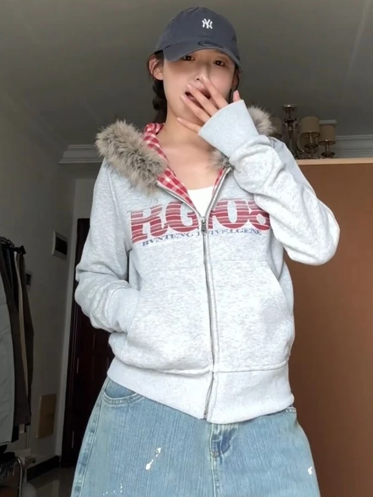 Deeptown Vintage Letter Fur Collar Hoodies Women Harajuku Gray Zipper Hooded Sweatshirts American Retro Casual Loose Hoodies