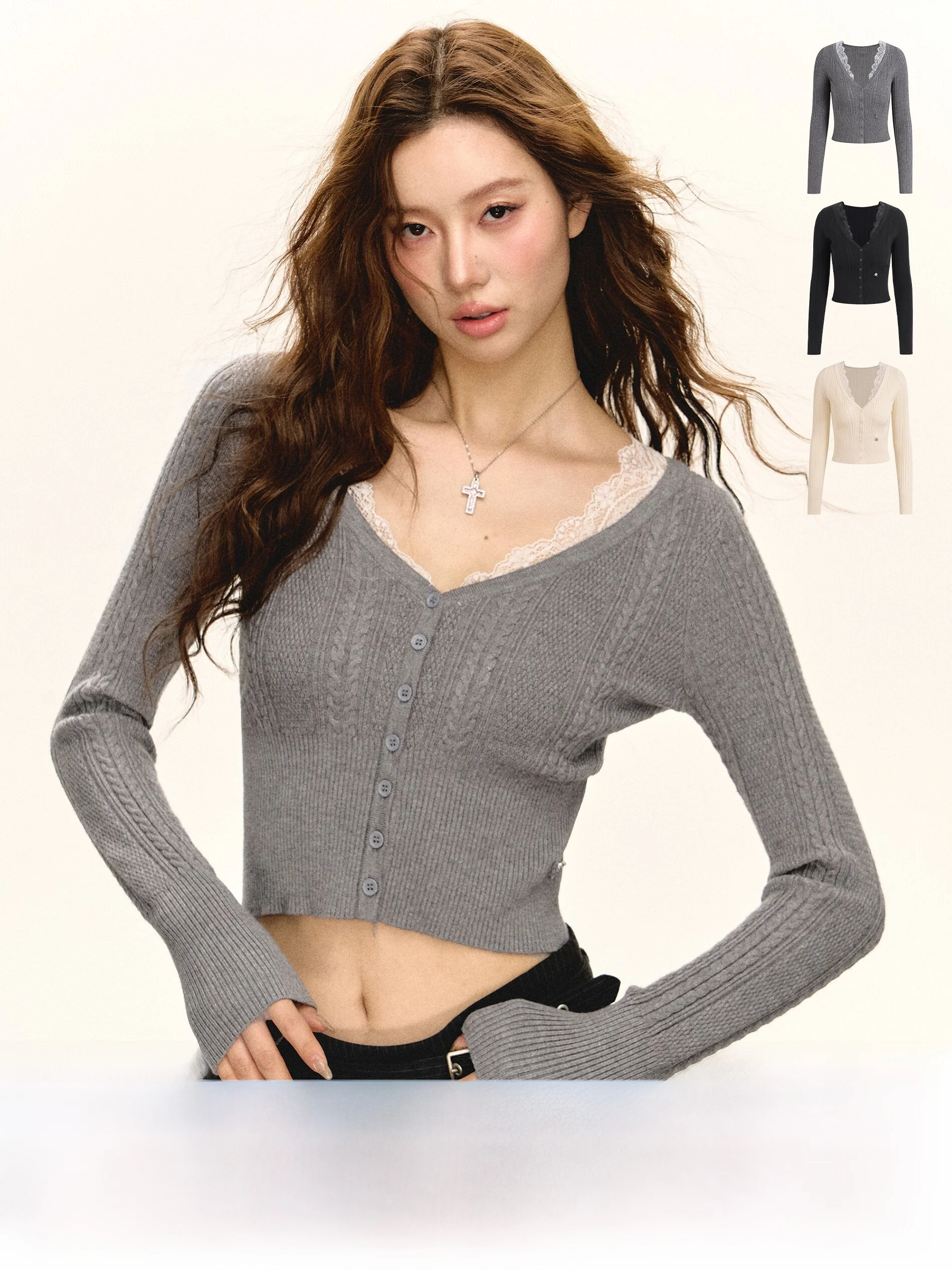 

Ariseism: Американский ретро-дизайн, кружевные вставки, облегающий трикотажный топ для женщин, новинка весны, с длинным рукавом, повседневный, с V-образным вырезом, укороченный