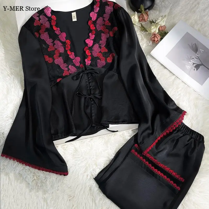 

Черный атласный пижамный костюм, элегантный топ с расклешенными рукавами, брюки, одежда для дома из 2 предметов, женская розовая ночная рубашка с вышивкой, топ, брюки с эластичной резинкой на талии