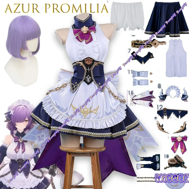 Cathbelle Azur Promilia Cosplay Blue White Chain Maid Dress Kawaii Style Women Costume For Anime Convention - view 3
