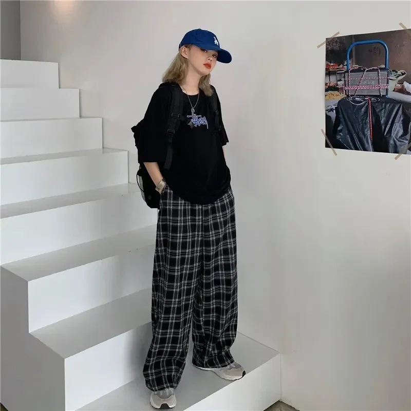 

GIDYQ Vintage Plaid Pants Women Fashion Loose Elastic High Waisted Straight Trousers Korean Casual All Match BF Wide Leg Pants