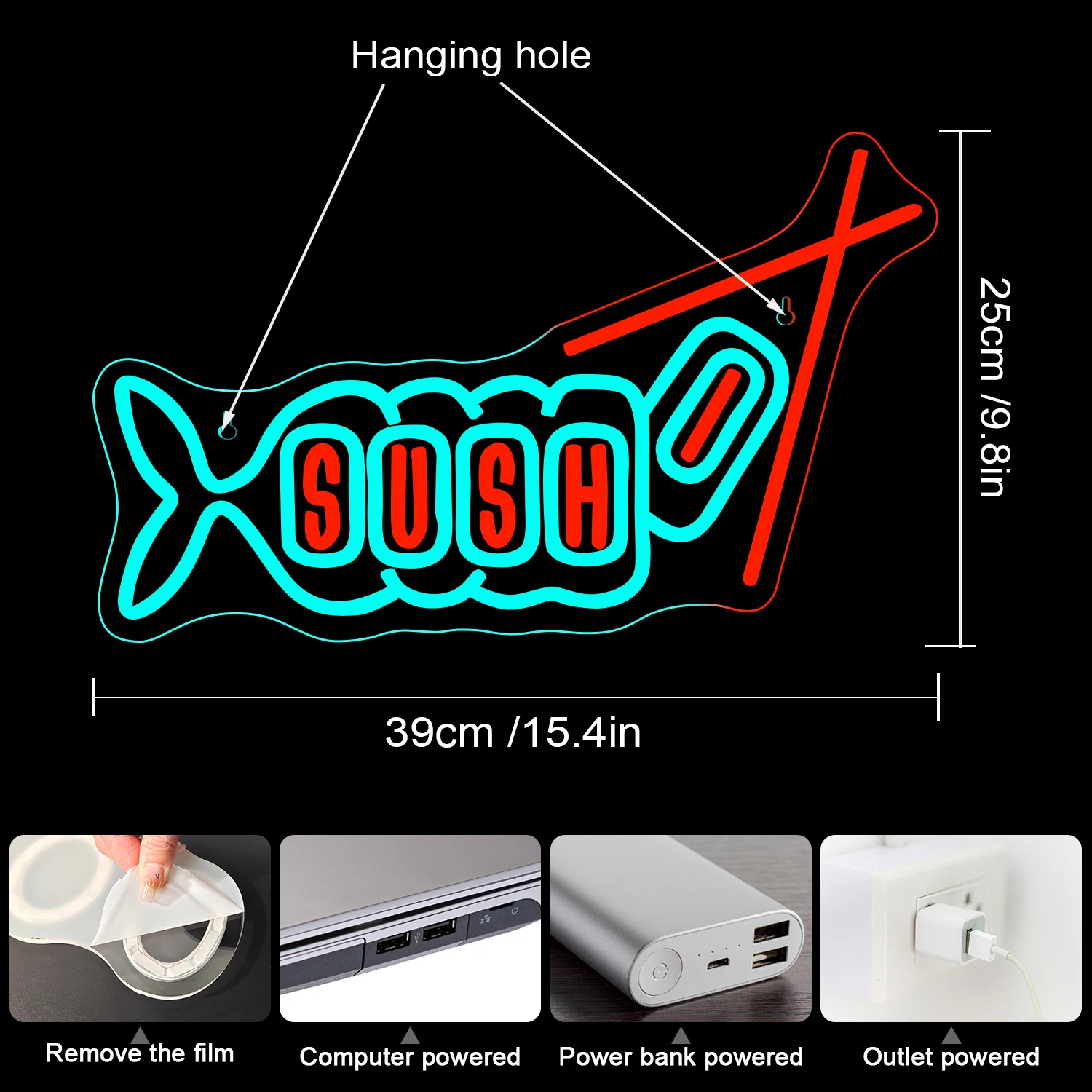 Sushi Neon Sign For Wall Decor LED Lights Fish Shaped Room Decoration Japanese Food Shop Bar Restaurant Kitchen Party USB Lamp