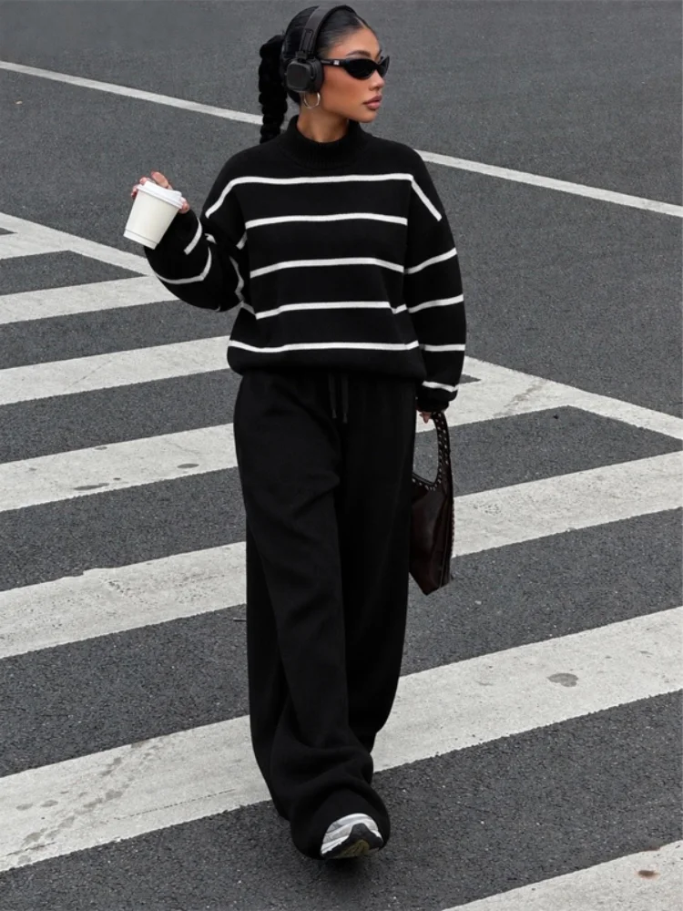 Black White Striped Knit Pant 2 Piece Set Long Sleeve Drawstring Loose Wide Pants Suit Fall Winter Casual Street Lady Outfit