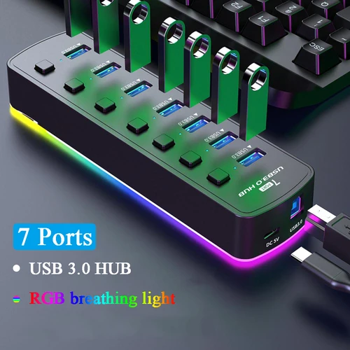 Hub USB 3,0 de 7 puertos, adaptador divisor USB de alta velocidad de 5Gbps, interruptor de encendido/apagado Individual para PC, accesorios de ordenador, concentrador USB SSD RGB