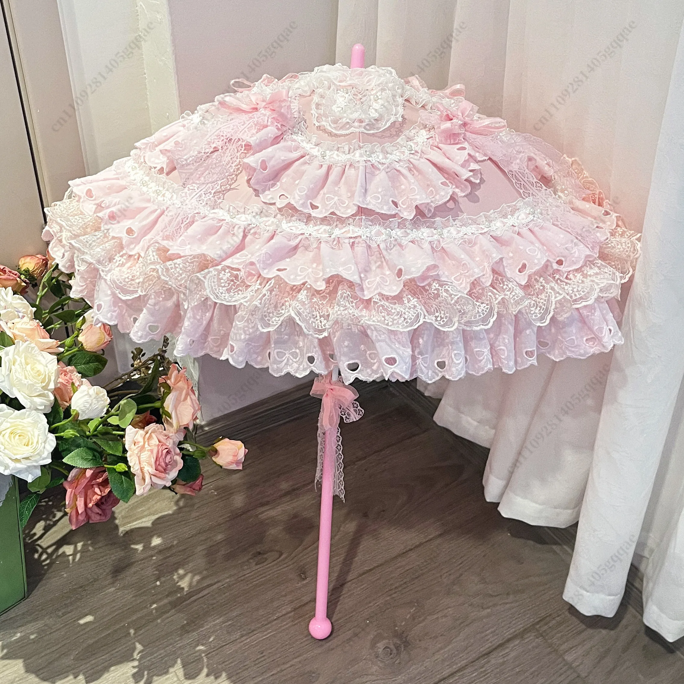 Spitzen-Sonnenschirm in Rosa, Kawaii für Frauen, Gothic-Lolita-Sonnenschirm mit Blumenmuster für Hochzeitsfotografie, Teeparty-Sonnenschutz – Detail 5