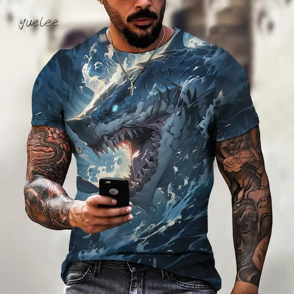 Men 3D Great White Shark Ocean Print Crew Neck Short Sleeve T-Shirt Multi Style Sea Animal Casual Tops